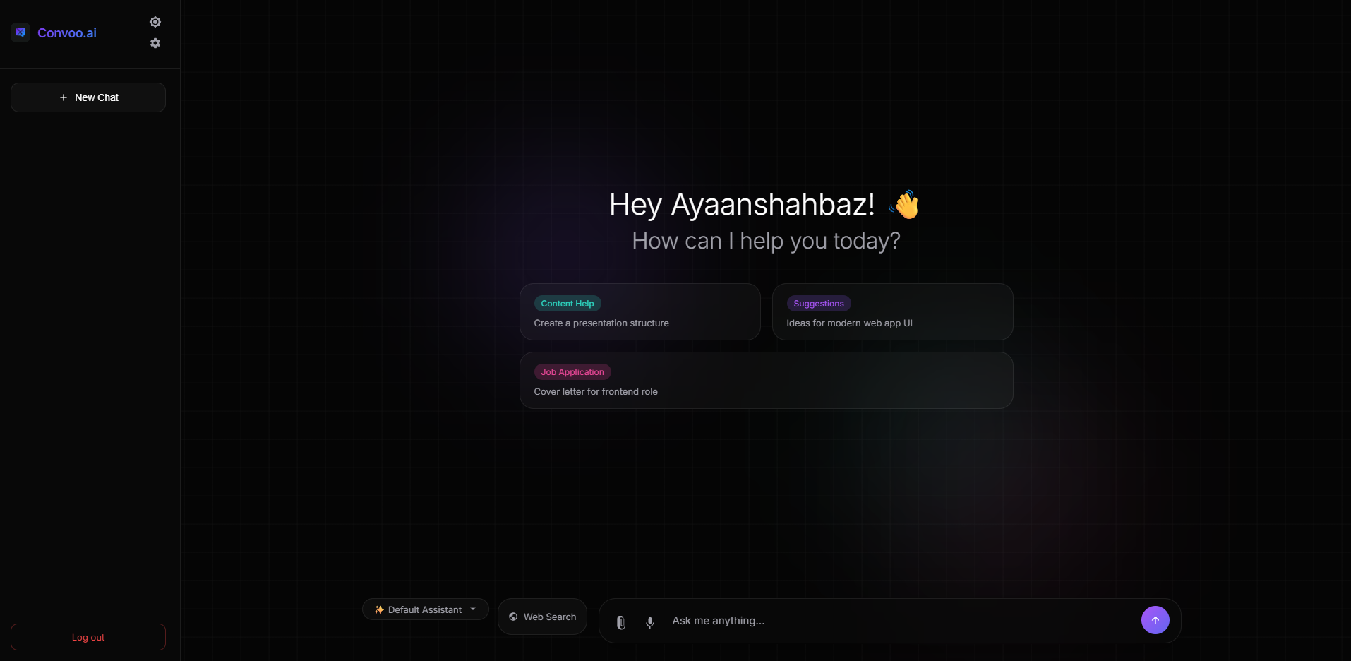 Convoo AI chat platform interface, featuring persistent memory and real-time response streaming.